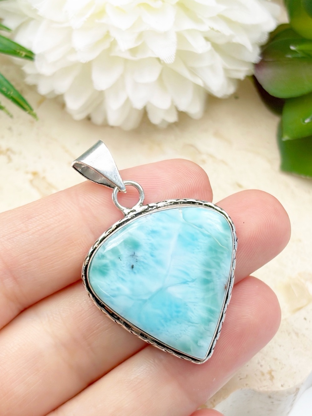 Chunky Larimar Gemstone Pendant Pear Teardrop Boho Southwest Vintage Style 925